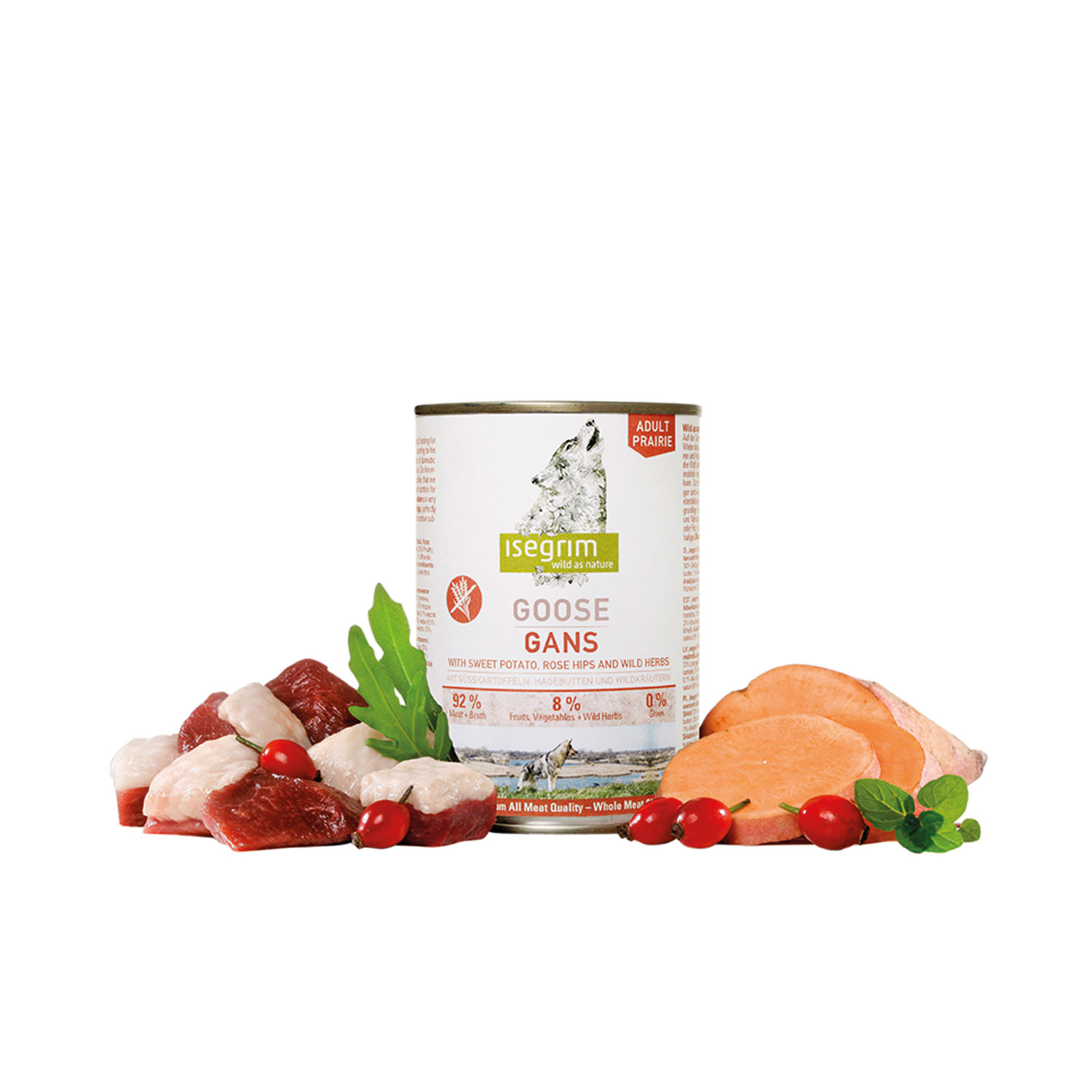 Lata Perro Adulto Ganso + Boniato, Escaramujo y Hierbas Silvestres, ISEGRIM, 800 g