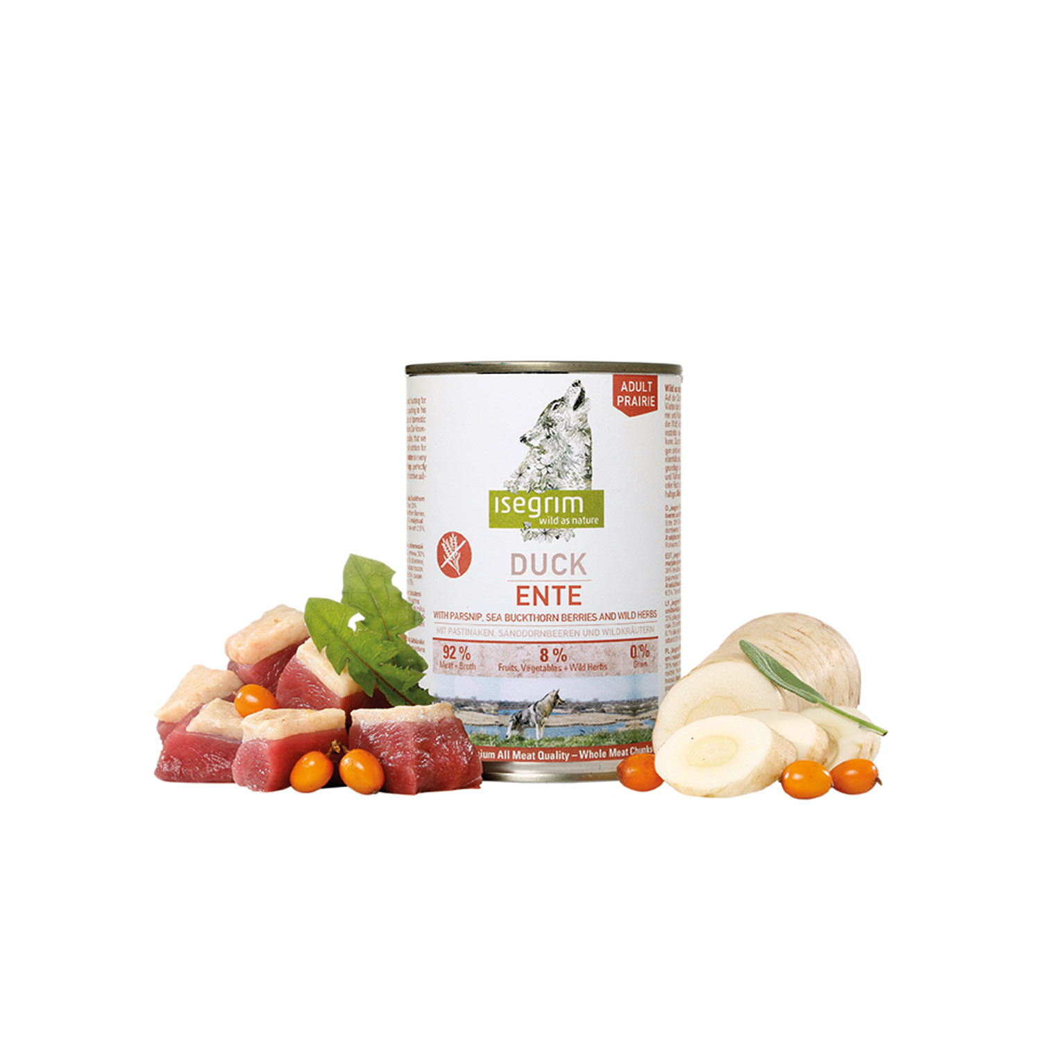 Lata Perro Adulto Pato + Chirivia, Bayas de Espino Amarillo y Hierbas Silvestres, ISEGRIM, 400 g