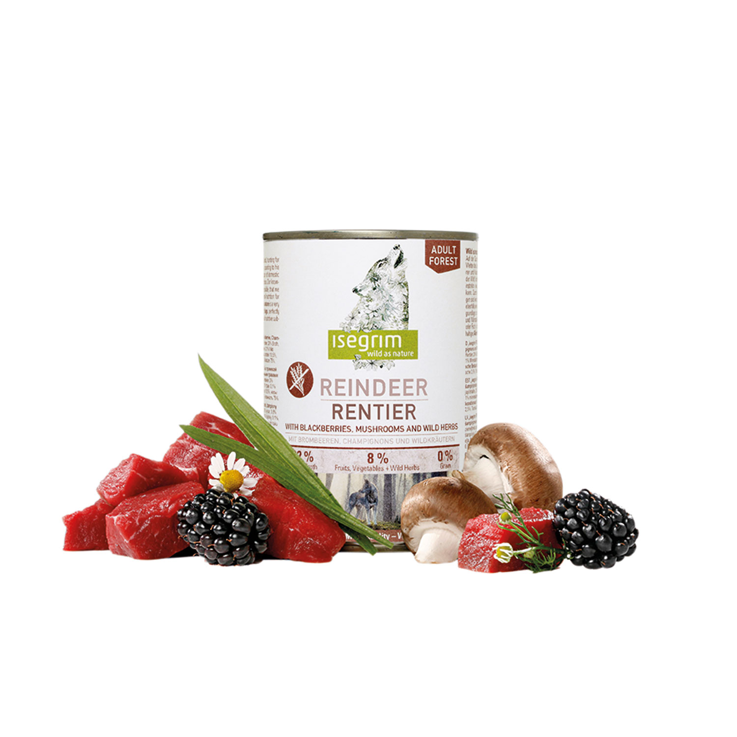 Lata Perro Adulto Reno + Moras, Champiñones y Hierbas Silvestres, ISEGRIM, 800 g