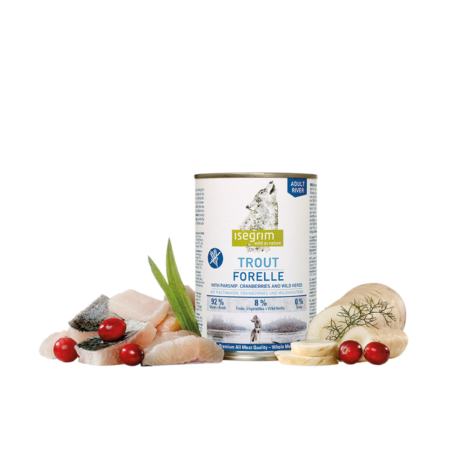 Lata Perro Adulto Trucha + Chirivia, Arándanos y Hierbas Silvestres, ISEGRIM, 400 g