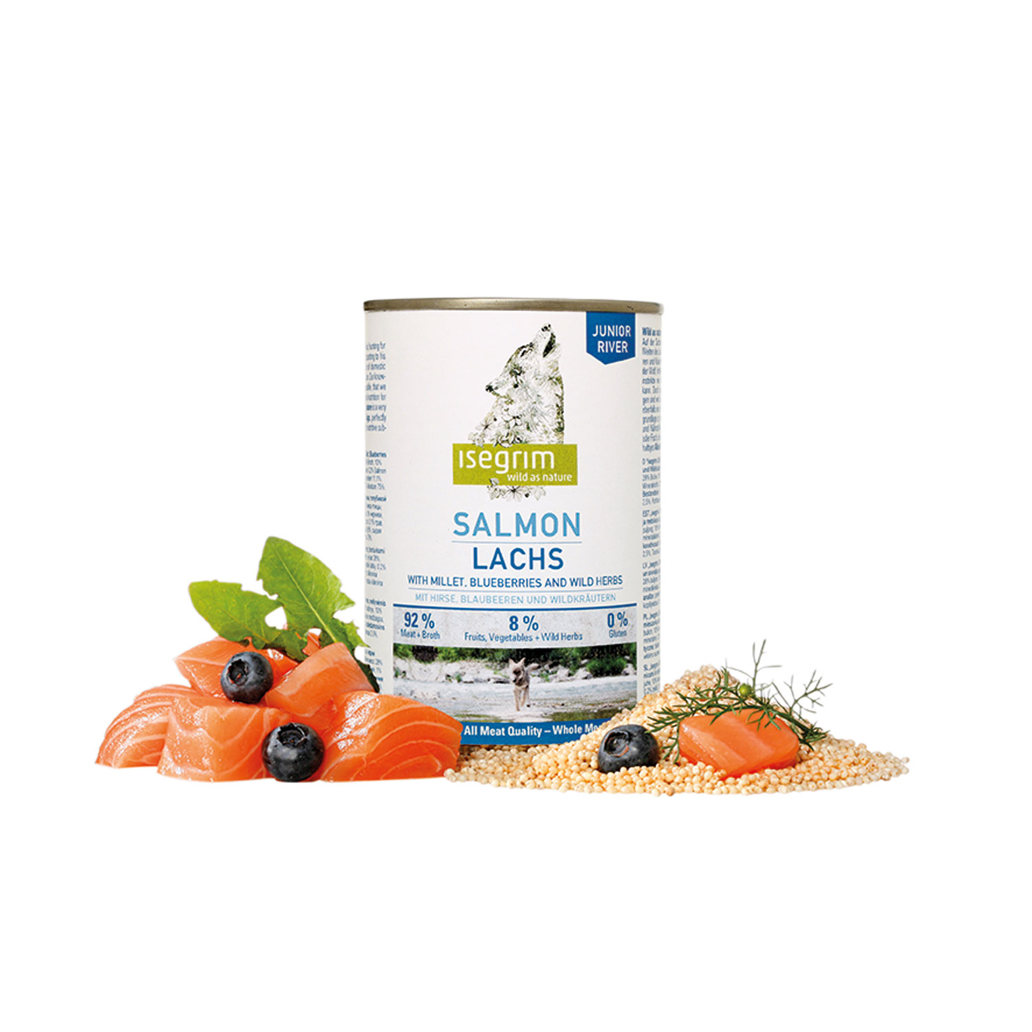 Lata Perro Junior Salmón + Mijo, Bayas y Hierbas Silvestres, ISEGRIM, 800 g